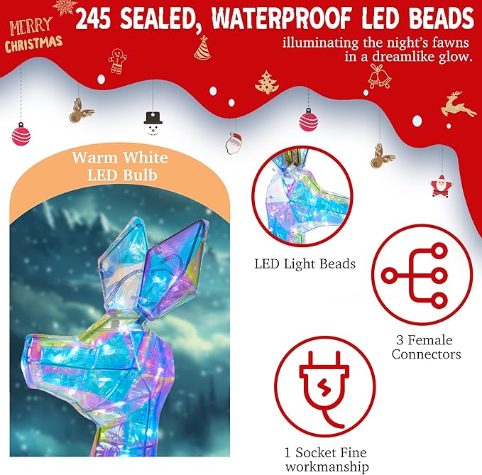 54 Inch 3D Colorful Large Lighted Christmas Deer Decorations 3-Piece Outdoor Holiday Decorations Reindeer Set with 245 Warm White LEDs, Large Yard Display for Garden, Storefront