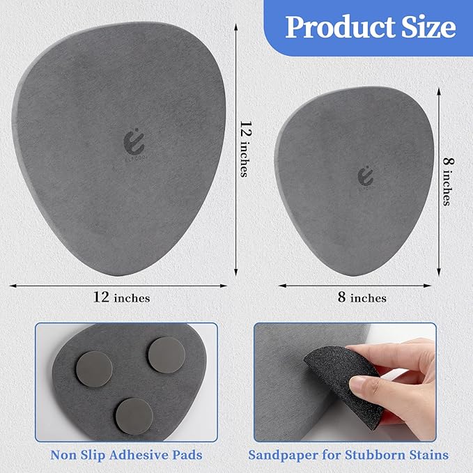 Elfcool Quick Dry Absorbent Flower Pot Saucer Dirp Tray Diatomaceous Earth Plant Mat for Indoor Outdoor Plants (8''&12''-Dark Grey-2pack)