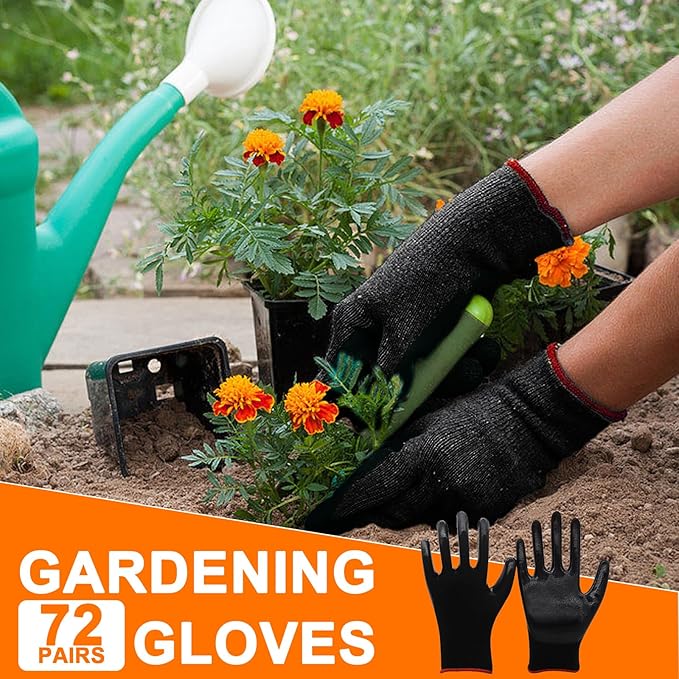 72 Pairs Gardening Work Gloves, Bulk Rubber Coated, Large, Black, 144 Count