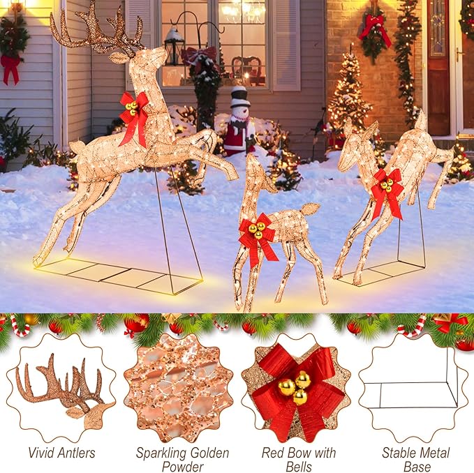 Tangkula 3 Pieces Lighted Christmas Reindeer, Holiday Reindeer Family Set with 255 Warm White Lights, Stakes, Indoor Outdoor Reindeer Christmas Decoration for Lawn Yard Garden