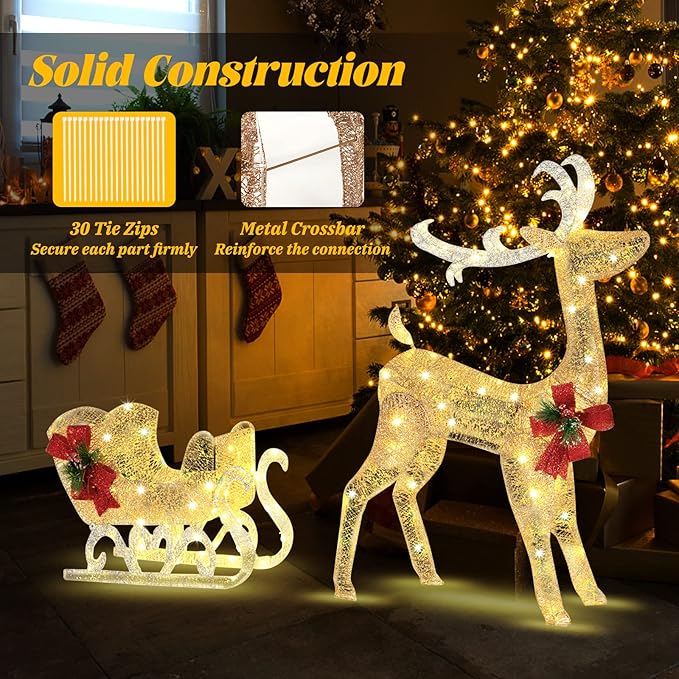 Tangkula 4.7 FT Lighted Christmas Reindeer & Sleigh, Xmas Lighted Outdoor Decoration with 100 Warm Lights, 8 Ground Stakes, 30 Cable Ties, Light-up Santa Sleigh & Reindeer for Yard, Home