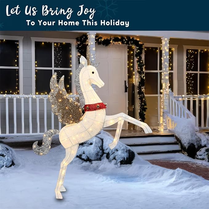 4.7ft Lighted Unicorn Outdoor Christmas Decorations for Yard Lawn Garden, Large 3D Weatherproof Light up Unicorn with 140 LED Lights, Ground Stakes Zip Ties, Outside Indoor