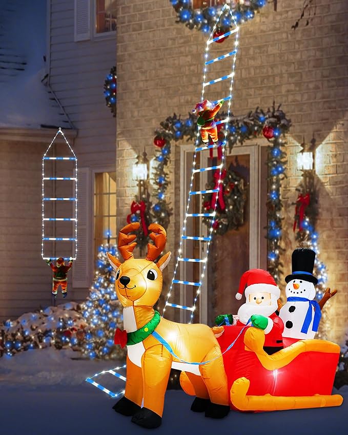 Toodour LED Christmas Lights - 10ft Christmas Decorative Ladder Lights with Santa Claus, Xmas Decorations Light for Indoor Outdoor, Window, Garden, Home, Wall, Xmas Tree Decor - White & Blue