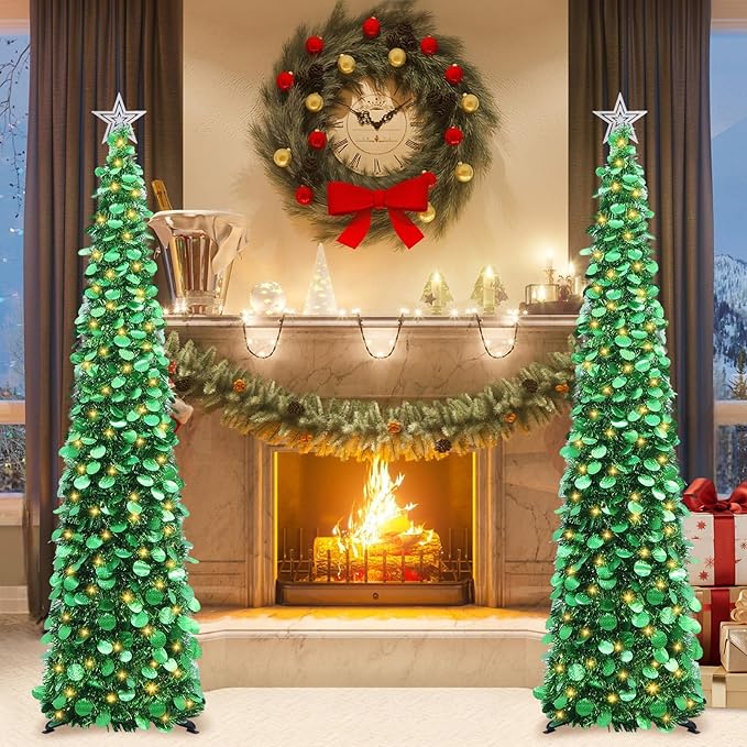 HMASYO 6 FT Pop Up Christmas Tree with 100 LED Lights & Remote, Green Christmas Tinsel Tree, Collapsible Artificial Pencil Tree for Home Office Party Decor, USB Powered Timer Lights, Easy Assembly