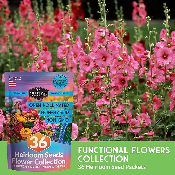Flower Seeds Garden Kit - 36 Packs of Annual & Perennial Flowers for Planting – with Wildflowers for Pollinators, Bees, Butterflies | Heirloom Non-GMO Seed Starter Pack – Survival Garden Seeds