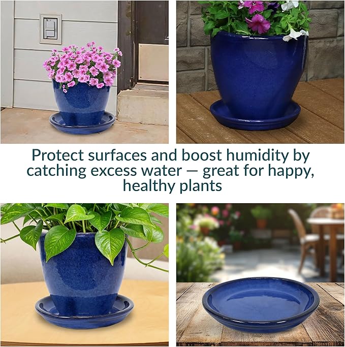 Sunnydaze 7-Inch Ceramic Plant Saucers - Plant Drip Trays for Outdoor Planter Flower Pot Drainage - Set of 2 - Imperial Blue