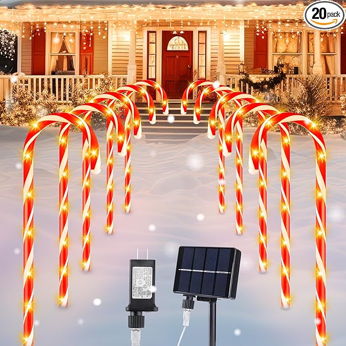 Brightown 28" Solar Candy Cane Lights Outdoor Pathway, 2 Set Total 20 Large Candy Canes with Solar Panel and Power Plug, 8 Modes LED Outdoor Candy Cane Decorations Yard Lawn Driveway Walkway Sidewalk