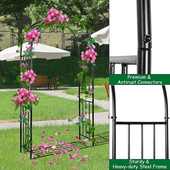 LDAILY Moccha Garden Arch Arbor Trellis, 7.2Ft Outdoor Steel Arbor with Stakes, Metal Archway for Climbing Plants, Wide Sturdy Garden Arch for Lawn, Party, Ceremony Wedding Decoration, Black