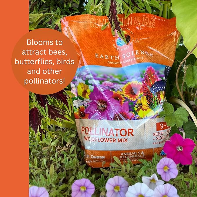 Earth Science Wildflower Pollinator Mix— 6 lb—3-in-1 Mix with Premium Wildflower Seed, Plant Food and Soil Conditioners, Non-GMO, for Bees, Hummingbirds, Butterflies, Pollinators