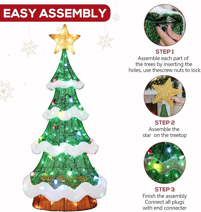 Hykolity 5 ft. Christmas Tree with Star Topper, Metal Frame Outdoor Decor, Multi-Color Bulbs + Green LEDs, Lighted Holiday Displays