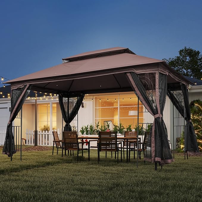ECOTOUGE 10' X 13' Outdoor Gazebo, Soft Double Roof Canopy Tent with Mosquito Netting, Party Tent Shelter with Corner Frame Shelves for Patio, Backyard, Deck, Brown