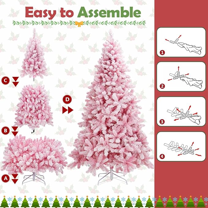 Christmas Tree, 7.5ft Flocked Pink Christmas Tree Prelit with Lights, 10 Functions, 400 Lights, Spruce Artificial Christmas Tree Prelit with Realistic Tips & Sturdy Metal Base Easy Assembly