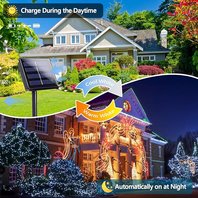 Warm White and Cool White Color Changing Solar String Lights for Outside, 2 Pack 400LED Solar Christmas Lights Outdoor, Waterproof Copper Wire with 8 Modes Twinkle Fairy Light for Tree Christmas Decor