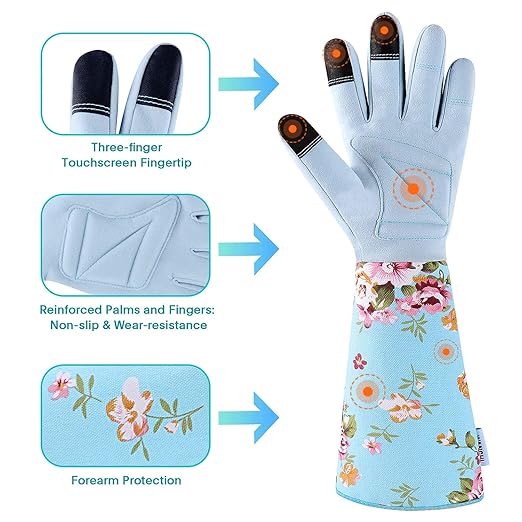Long Gardening Gloves for Women, Breathable Flexible Fit, Comfortable Durable Work Gloves for Planting, Weeding & Outdoor Yard Activities, Blue Medium