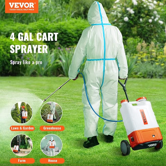 VEVOR 4 Gallon Battery Powered Backpack Sprayer with Wheeled Cart, Adjustable 0-94 PSI, 13FT Hose, 6 Nozzles, 2 Wands Included, Wide Mouth Lid for Weeding, Cleaning, Long Spray Time, White+Orange