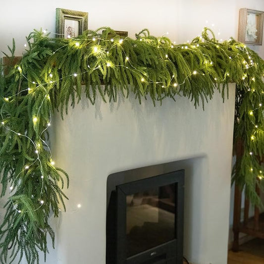MISSPIN 6ft Christmas Garland with Lights, Real Touch Norfolk Pine Garland, Green Artificial Greenery Garland for Table, Mantle, Wall, Indoor, Outdoor Christmas Decorations