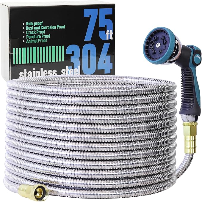 75FT Garden Hose, 304 Stainless Steel Water Hose, Flexible with a 10-Mode Nozzle Sprayer, No Kink, Lightweight, Puncture Proof, Ideal for Yard, Lawn, Outdoor, 5/8'' Outside Diameter
