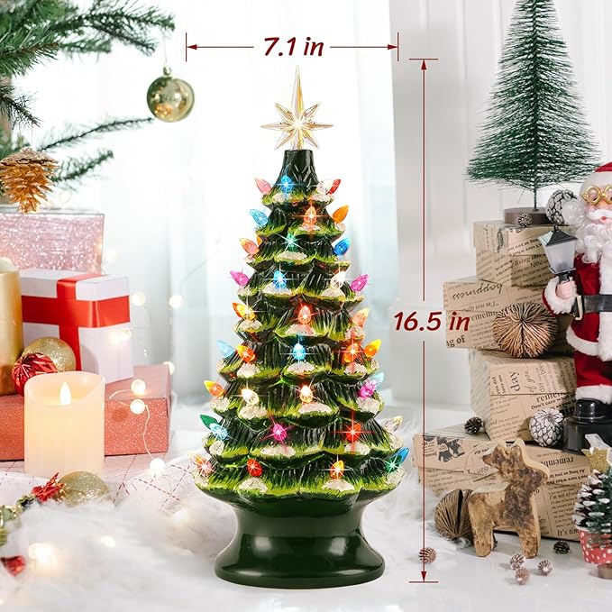 Lakumu 16.5" Table Top Christmas Tree, Hand Painted Resin Christmas Tree with Lights, Pre-lit Xmas Tree Decor Lighted Tabletop Decoration with Multicolored LED Bulbs, Ceramic-Like Finish
