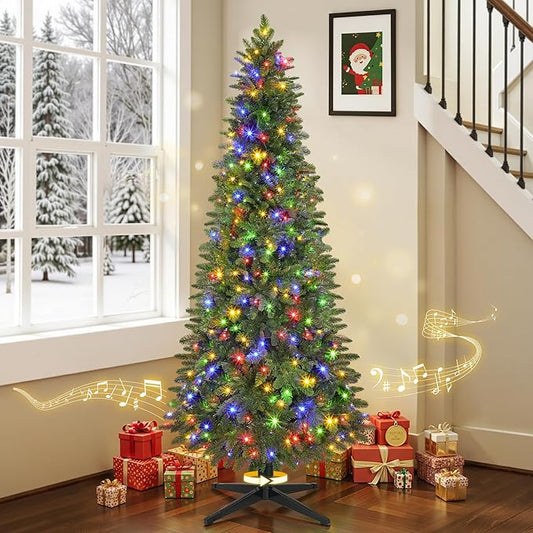 7.5FT Green Pre-Lit Pencil Artificial Christmas Tree with 360° Rotating Musical Base, 1142 Branch Tips, 370 LED Warm & Multicolor Lights, 8 Lighting Modes, Slim Xmas Tree Holiday Decoration