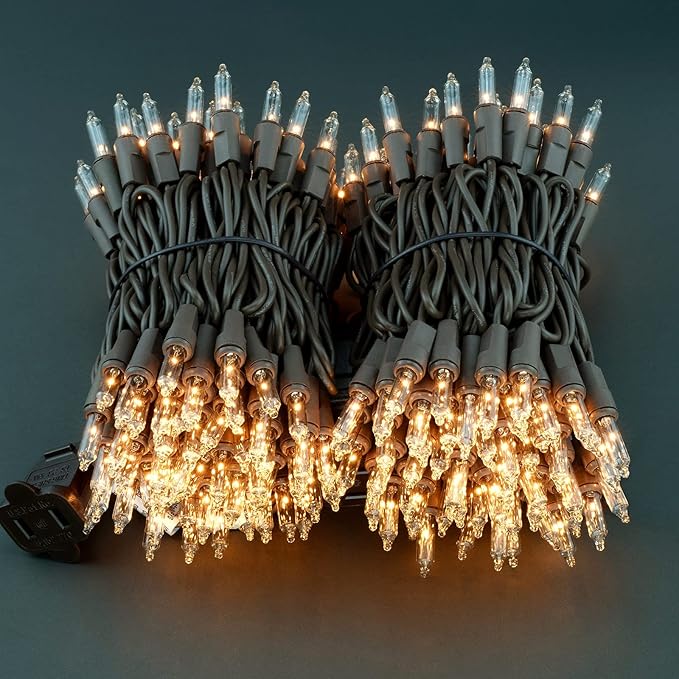 YULETIME 200 Clear Christmas Lights with Brown Wire, Pack of 2 Strands of 21 ft 100 Count UL Certified Incandescent Mini String Light (Clear - Brown Wire)