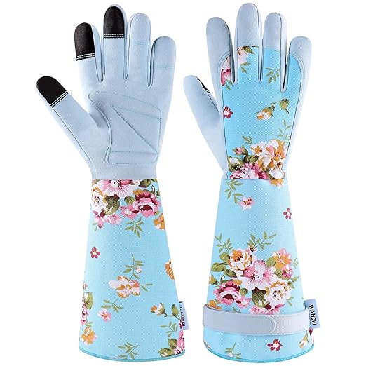 Long Gardening Gloves for Women, Breathable Flexible Fit, Comfortable Durable Work Gloves for Planting, Weeding & Outdoor Yard Activities, Blue Medium