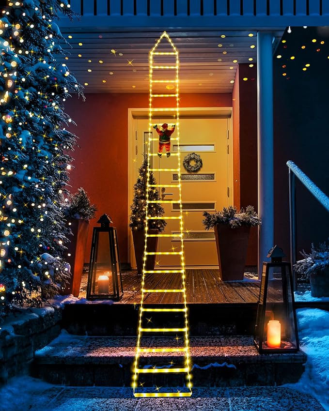 Toodour LED Christmas Lights - 10ft Christmas Decorative Ladder Lights with Santa Claus, Xmas Decorations Light for Indoor Outdoor, Window, Garden, Home, Wall, Xmas Tree Decor - Warm White