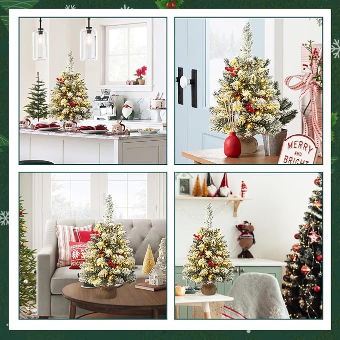 Uten Christmas Tree Flocking Snow Small Pine Cones/red Fruits, 50 LED Waterproof Battery Box with Cement Base Mini Christmas Tree Decorations for Home, Office, Party