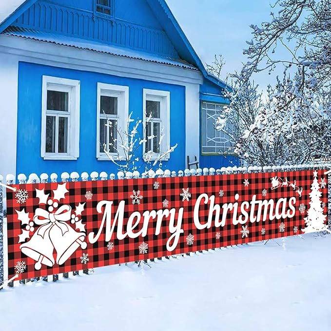 Happy Christmas Large Banner,Vintage Christmas Tree Snowman Banner for Outside,Merry Christmas Red Plaid Decorations for Yard Garden 120x20 Inches