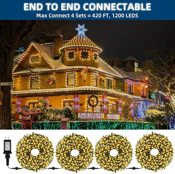 105FT 300LEDs Christmas Lights Outdoor Indoor 8 Modes for Christmas Tree Party Decoration, 100% UL Listed (Warm White)