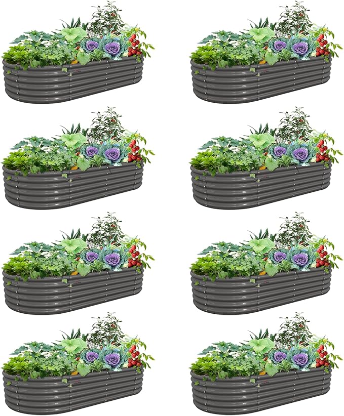 A ANLEOLIFE 8 Pcs 8X4X1.5 ft Oval Large Galvanized Raised Garden Beds Outdoor for Planting Vegetables Flowers Herb, Quartz Grey