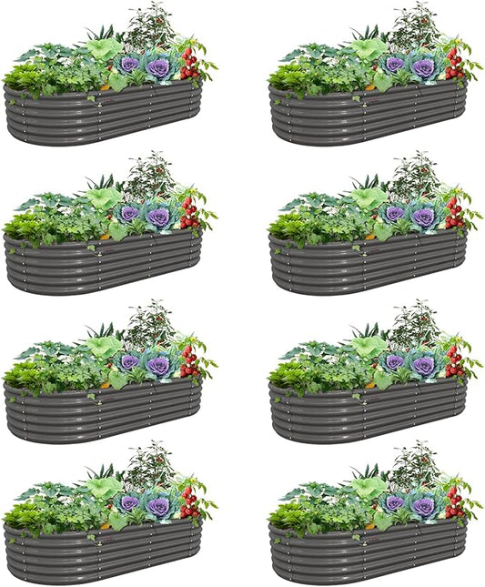 A ANLEOLIFE 8 Pcs 8X4X1.5 ft Oval Large Galvanized Raised Garden Beds Outdoor for Planting Vegetables Flowers Herb, Quartz Grey