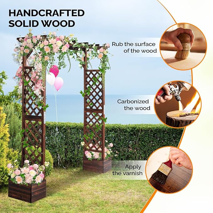 VINGLI Wooden Garden Arbor with Planter, Wedding Arch for Ceremony, Wood Garden Arbour Trellis for Plant Climbing, Pergola for Garden Backyard, Lawn, Outdoor (Carbonized Wood)