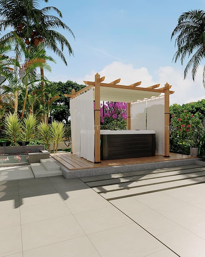 Garvee 10x10 Ft Outdoor Pergola with Retractable Canopy Metal Gazebo Imitation Wood-Grain Column with Side Mesh Screen Modern Pavilion for Backyard Deck(Beige+White)