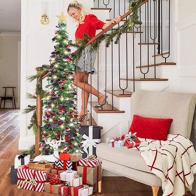 HMASYO 6 FT Pop Up Christmas Tree with 100 LED Lights & Remote, Green Christmas Tinsel Tree, Collapsible Artificial Pencil Tree for Home Office Party Decor, USB Powered Timer Lights, Easy Assembly