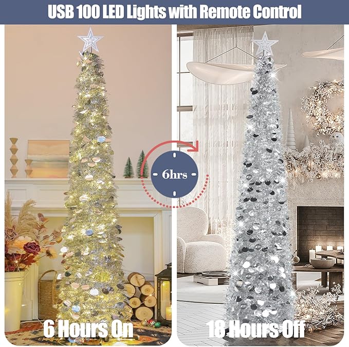 HMASYO 6 FT Pop Up Christmas Tree with 100 LED Lights & Remote, Silver Christmas Tinsel Tree, Collapsible Artificial Pencil Tree for Home Office Party Decor, USB Powered Timer Lights, Easy Assembly