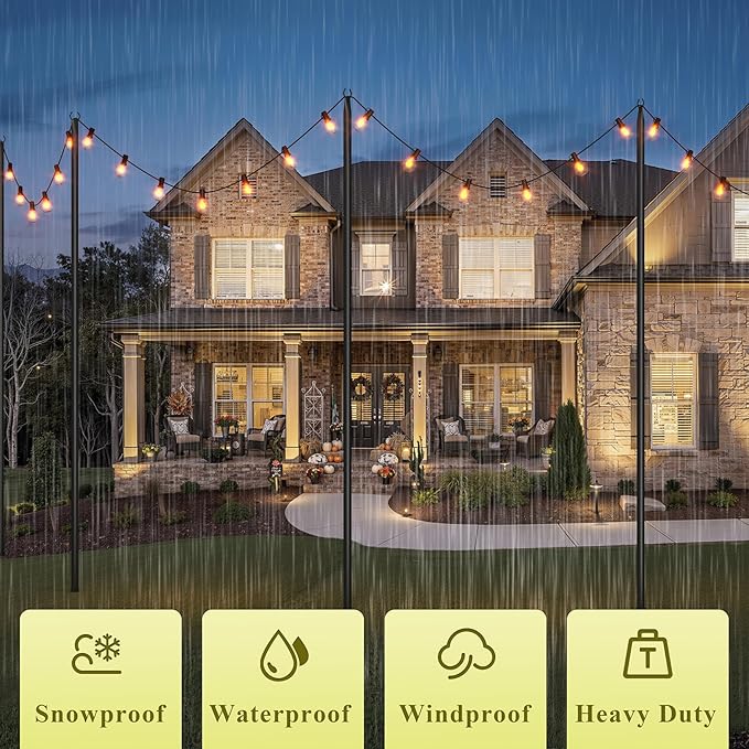 4 Pack String Light Poles for Outside, 10Ft Adjustable Outdoor Light Poles for String Lights, Outdoor Lighting Stand with Fork for Patio, Deck, Backyard, Garden, Party & Wedding