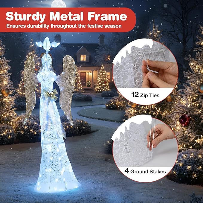 Tangkula 5.5 FT Christmas Lighted Angel, 3D Pre-lit Halo Angel with Pigeon, Golden Wings, Zip Ties and Ground Stakes, Xmas Holiday Decoration for Outdoor Indoor Home Yard Porch