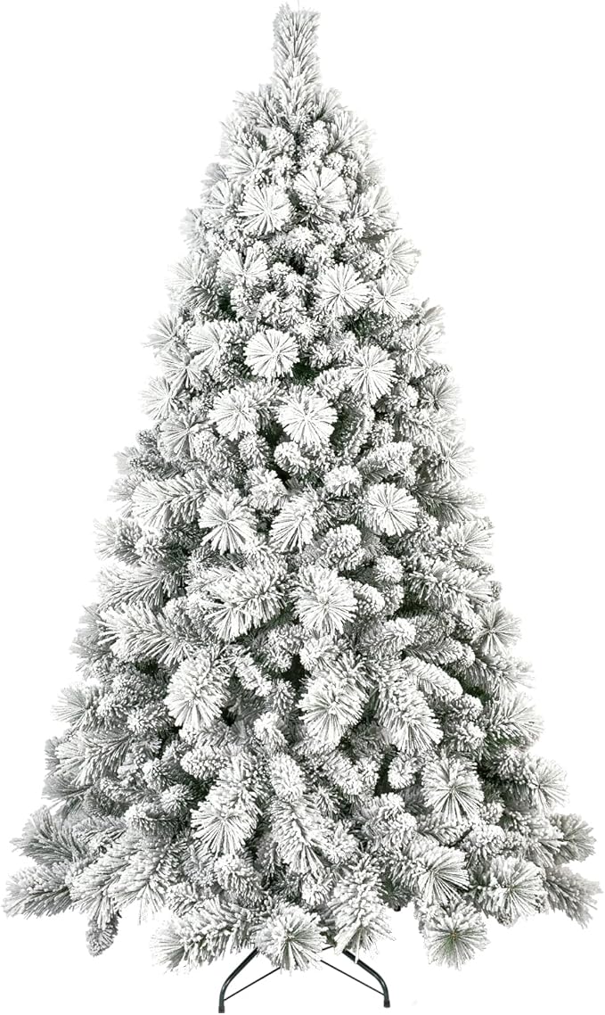 7 Ft Unlit Snow Flocked Christmas Tree, Artificial Xmas Tree with 1060 PVC/PE Realistic Branch Tips, Metal Stand Decor for Holiday, Party, Home Easy to Assemble
