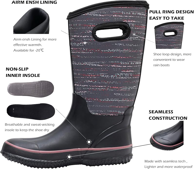 WTW Mid Calf Rain Boots for Women - Waterproof Insulated Neoprene Mud Boots Outdoor Hunting Garden Boots