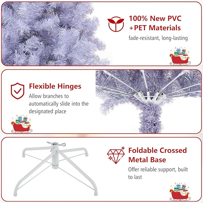 Goplus 6 FT Pre-Lit Tinsel Christmas Tree, Artificial Hinged Xmas Tree with 250 Warm White LED Lights, 8 Modes, 688 Lush Branch Tips, Metal Stand, Home Office Seasonal Holiday Decoration, Lavender