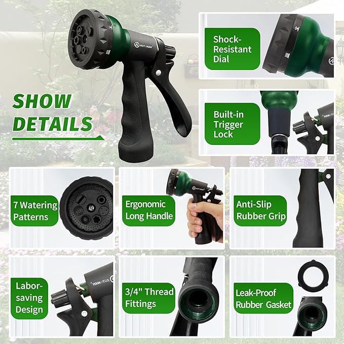 AUTOMAN Garden Hose Nozzle, 2 Pack Water Sprayer Nozzle with 7 Adjustable Watering Patterns,Slip Resistant Nozzle for Plants,Lawn,Washing Cars,Window Cleaning,Showering Pets & Outdoor Fun