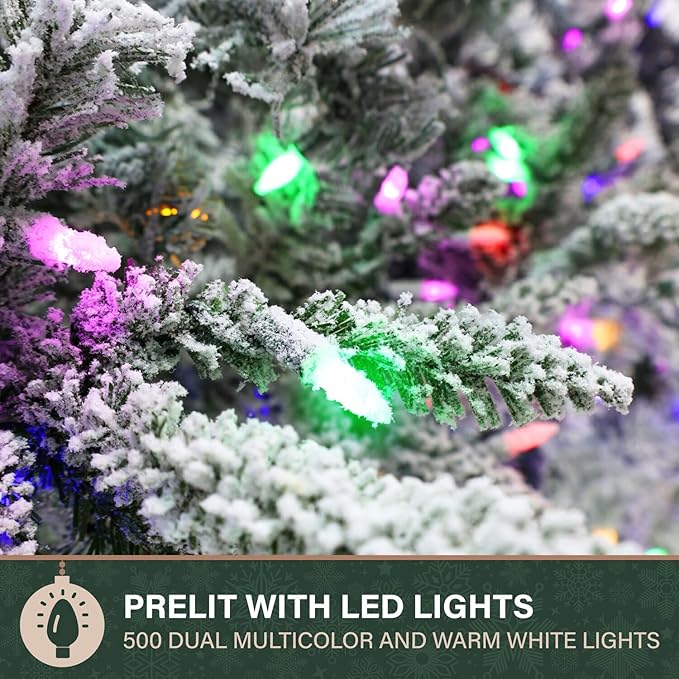 Fraser Hill Farm 7.5-Ft Slim Mountain Pine Flocked Artificial Christmas Tree with Dual Multicolor & White LED Lights & Stand, Prelit Skinny Fake Tree with Realistic Snowy Foliage, Home Holiday Décor