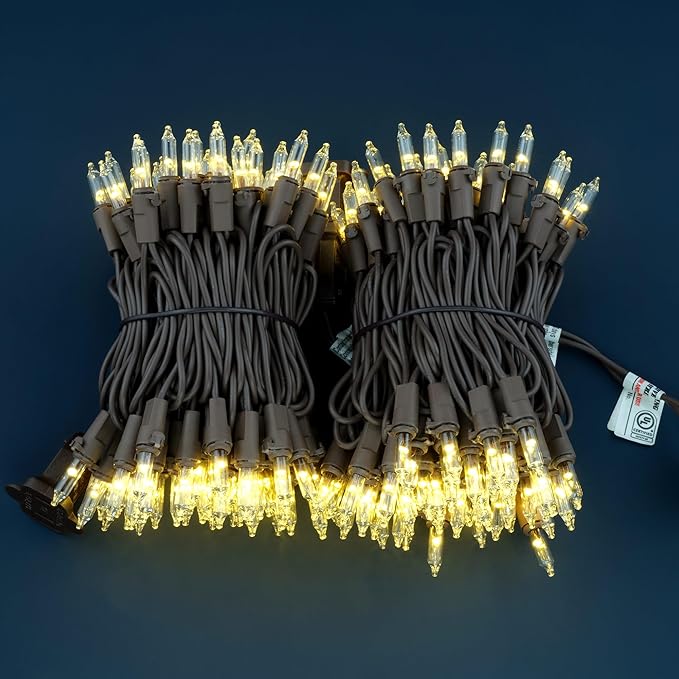 YULETIME 200 Warm White Christmas Lights, Pack of 2 Strands of 21 ft 100 Count UL Certified Mini String Light (Warm White - Brown Wire)