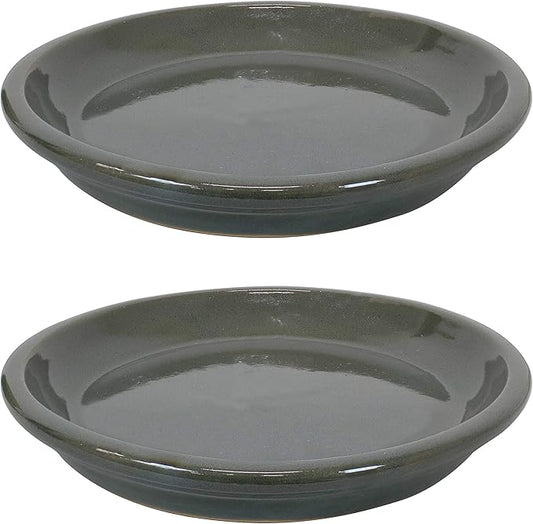 Sunnydaze 9-Inch Ceramic Plant Saucers - Plant Drip Trays for Outdoor Planter Flower Pot Drainage - Set of 2 - Gray