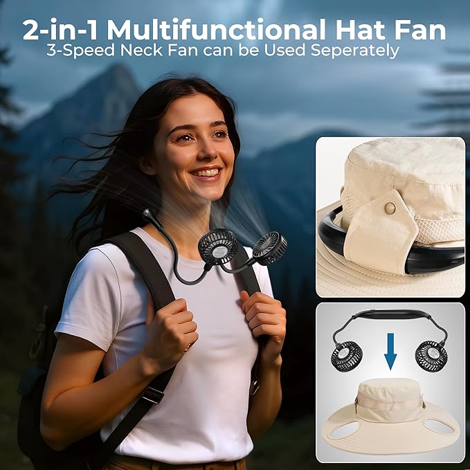 2-in-1 Hands-Free Hat Fan Neck Fan UPF 50+ Wide Brim Sun Hat 16Hrs Running 3-Speed Fishing Essentials for Men Women