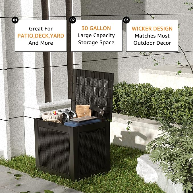 DRATO 31 Gallon Deck Box, Outdoor Storage Box for Patio Cushion, Garden Tools, Waterproof Resin Storage Box (Black)