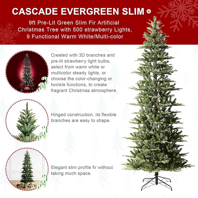 Glitzhome 9ft Pre-Lit Green Fir Christmas Tree, Cascade Evergreen Slim Artificial Holiday Christmas Tree with 500 Strawberry Lights,9 Functional Warm White/Multi-Color, Remote Controller