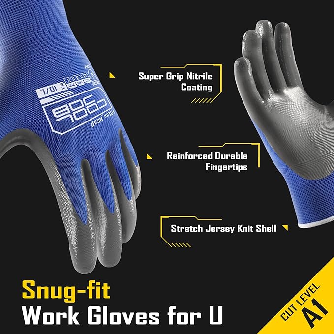 COOLJOB 10 Pairs Nitrile Dipped Safety Work Gloves with Grip, Non-slip Rubber Coated Bulk Garden Gloves for Men, Heavy-duty Oil Resistant for Truck Driver, Warehouse Box Handler, Xlarge, Red Blue