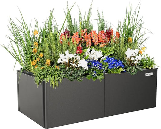 Vego garden Modern Raised Garden Bed 17" Tall 27" x 53" Heavy Planter Box for Trees Plants Flowers Double-Walled Metal Planters for Commercial Residential Patio, Urban Charcoal