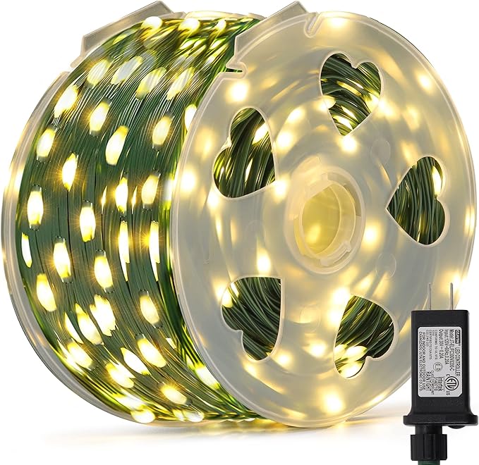 LJLNION 1000 LED Fairy String Lights, 328FT Long Outdoor Christmas Lights, Waterproof IP65 Green PVC Copper Wire Lights, 8 Lighting Modes Plug in for Xmas Tree Holiday Party Wedding Decor, Warm White
